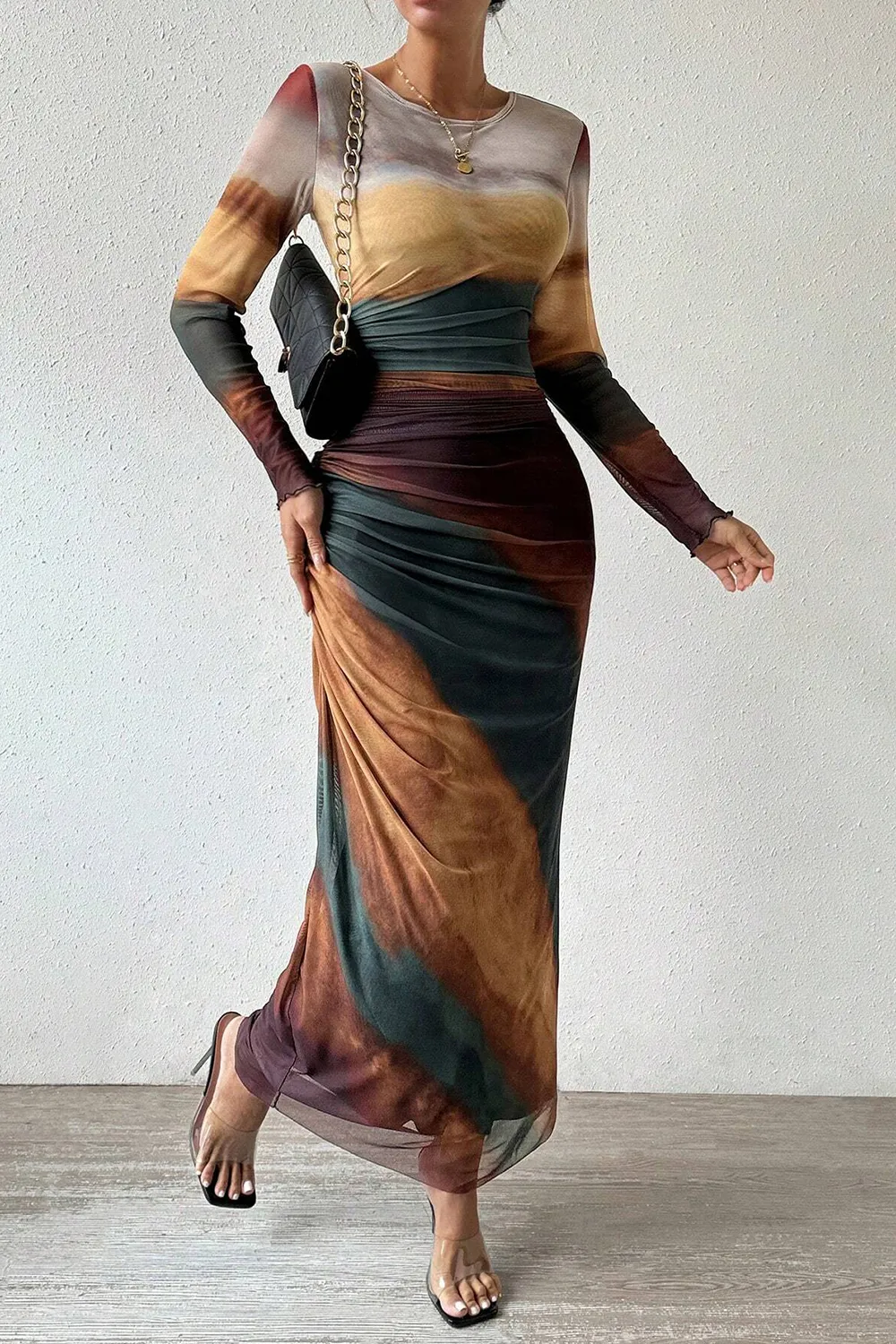 Women's Tie Dye Long Sleeve Pleated Dress Multicolor