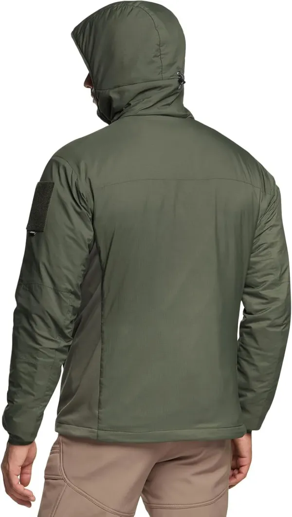 Men's Insulated Hooded Tactical Jacket, Lightweight Mid-Layer Warm Hoodie, Water Resistant Full Zip Hiking Work Coat