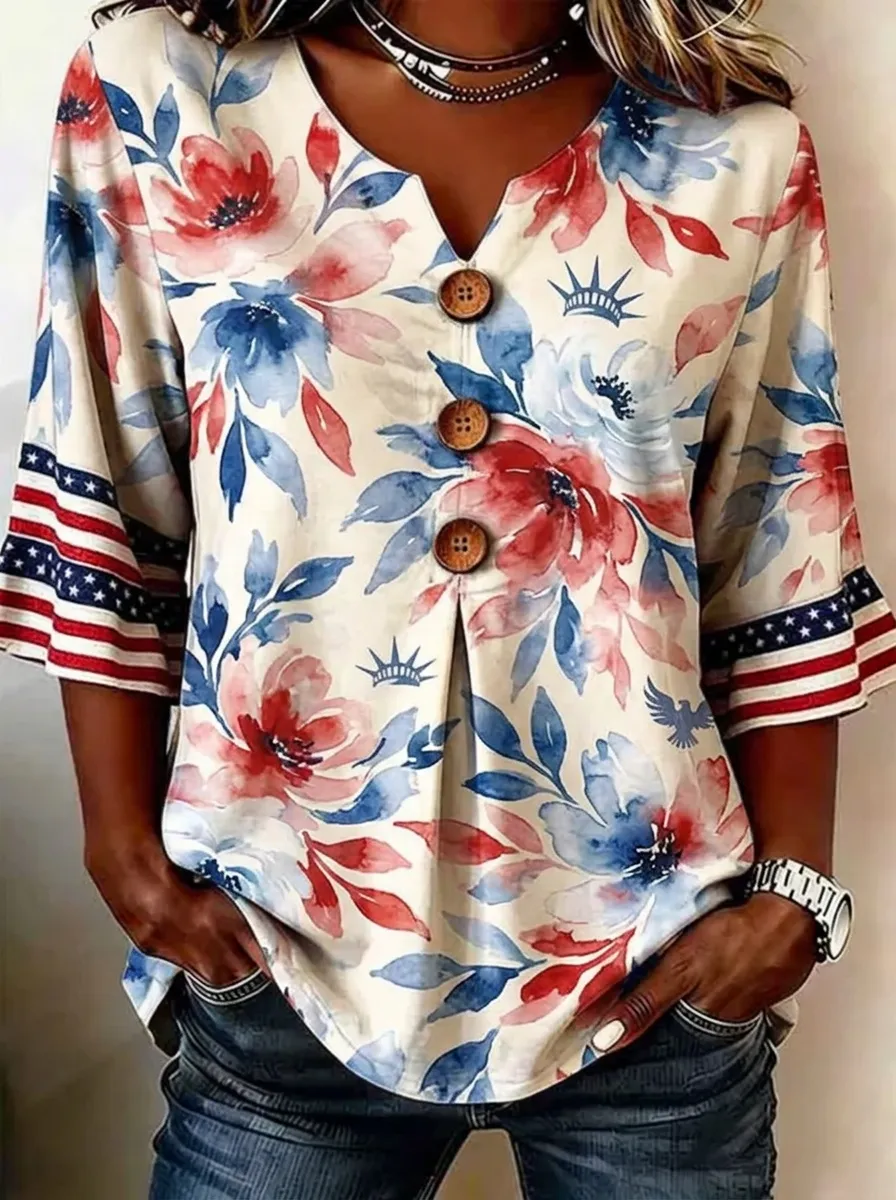 Women's Nashville Floral Statue of Liberty USA Flag Printed V-neck Top