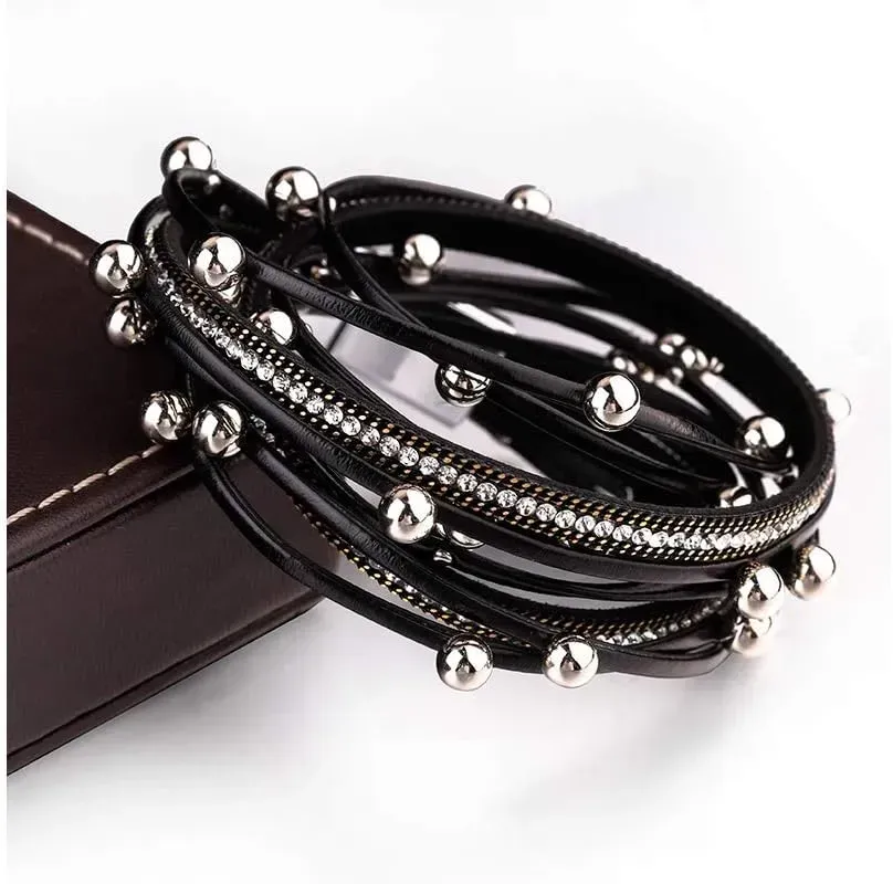Fesciory Leather Wrap Bracelets for Women, Boho Leopard Multi-Layer Crystal Beads Cuff Bracelet Jewelry