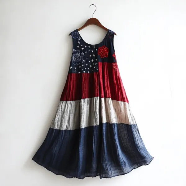 Vintage Flag Inspired Rose Embroidered Linen Tank Dress