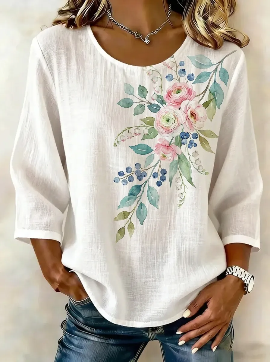 Women's Nashville Floral Watercolor Printed Linen Top