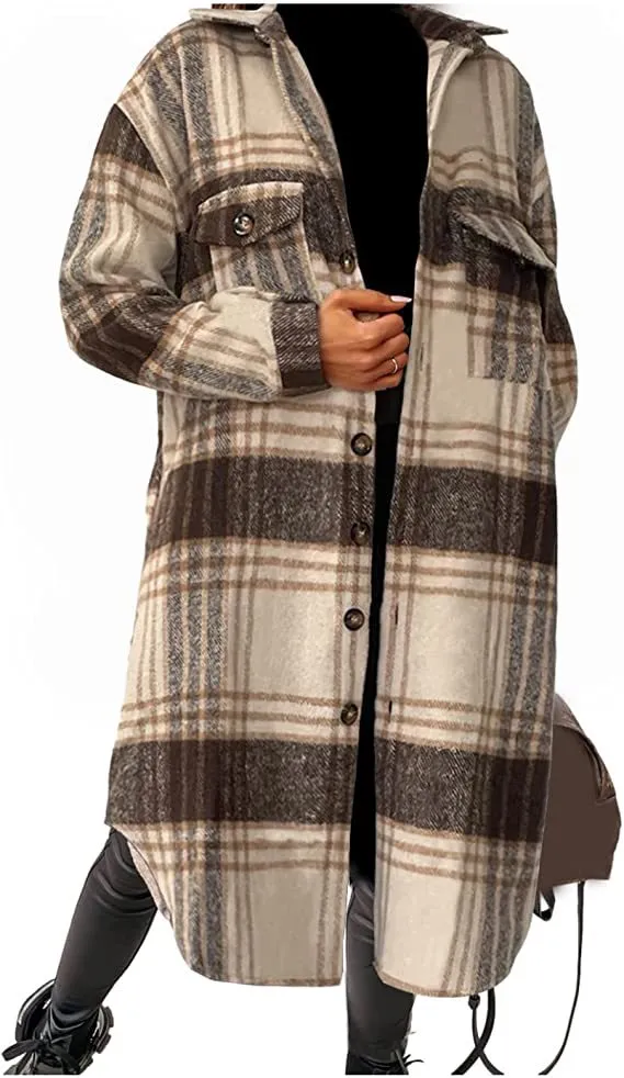 Long-sleeve Plaid Brushed Mid-length Shirt Coat