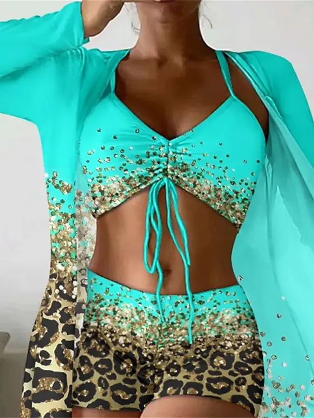 Women's Swimwear Bikini Cover Up Normal Swimsuit 3-Piece Printing Leopard Pink Blue Bathing Suits Sports Beach Wear Summer
