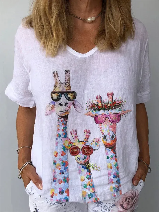 Women's Cotton Linen Giraffe Oil Painting Casual Top