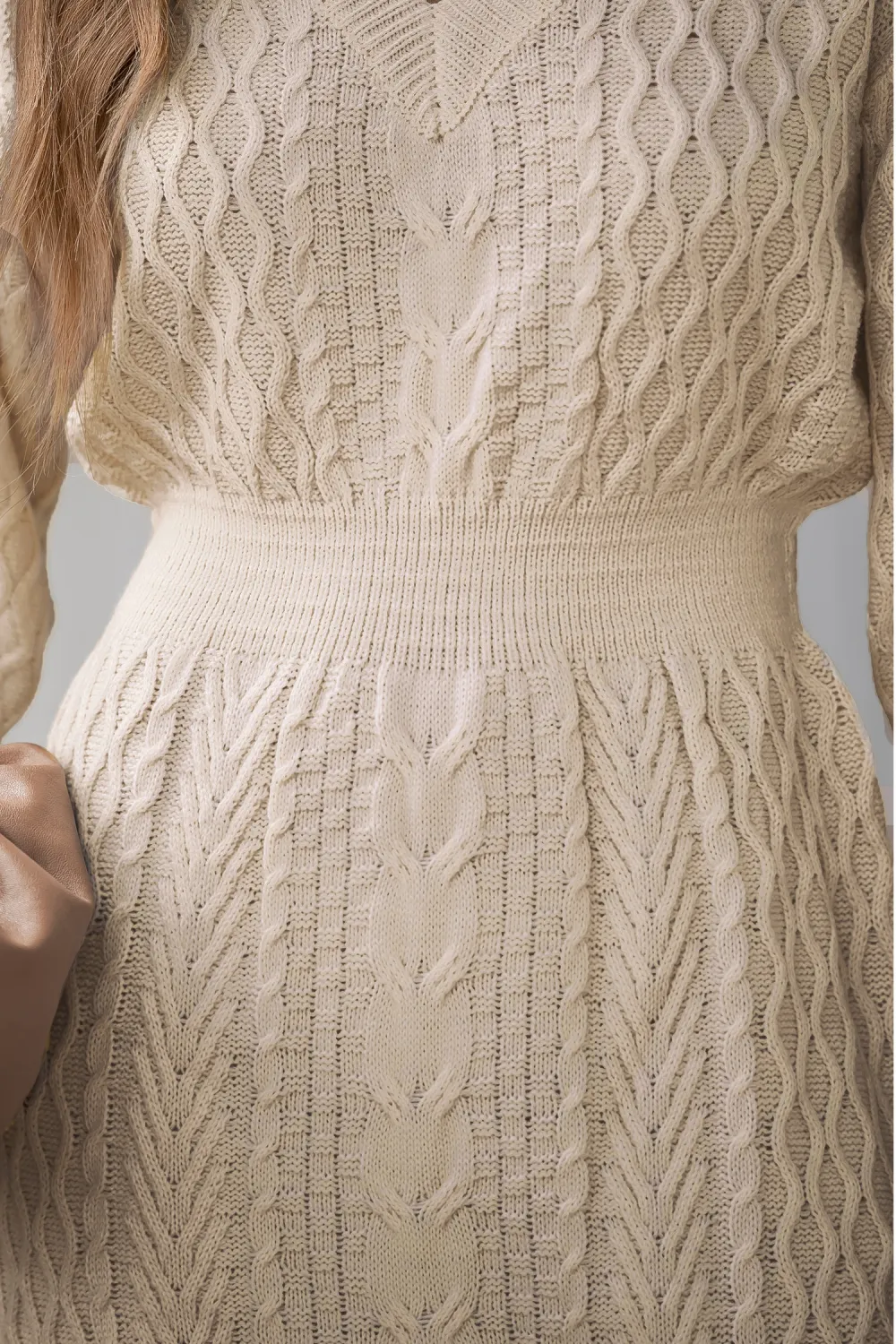 V-Neck Ribbed Cable Knit Sweater Dress