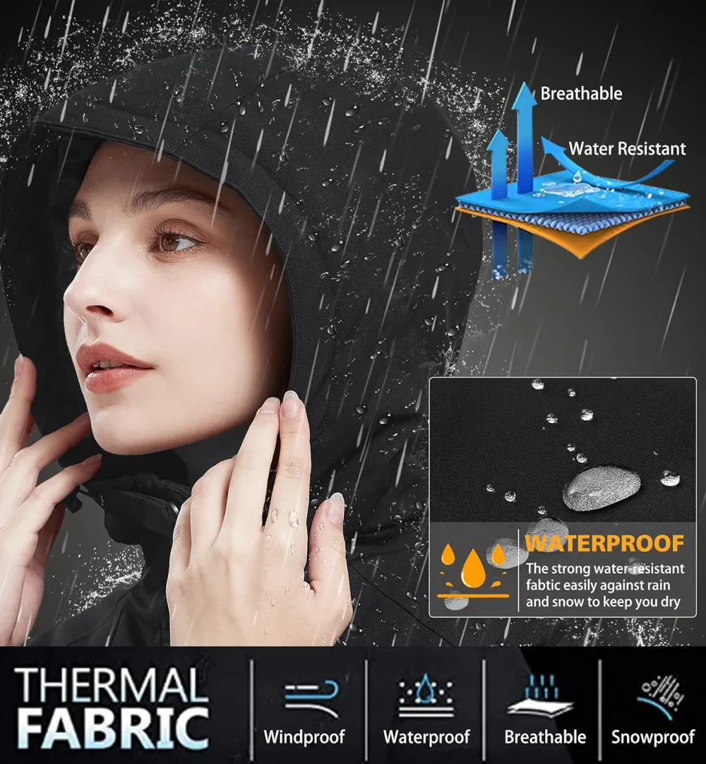 Women's Waterproof Mountain Ski Snow Jacket with Fleece Outdoor Windproof Raincoat Hooded for Fall and Winter