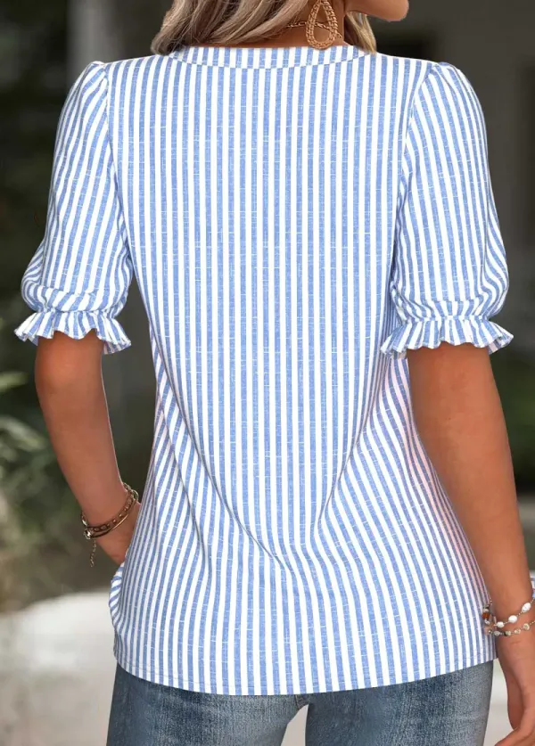 Blue Split Striped Short Sleeve Blouse