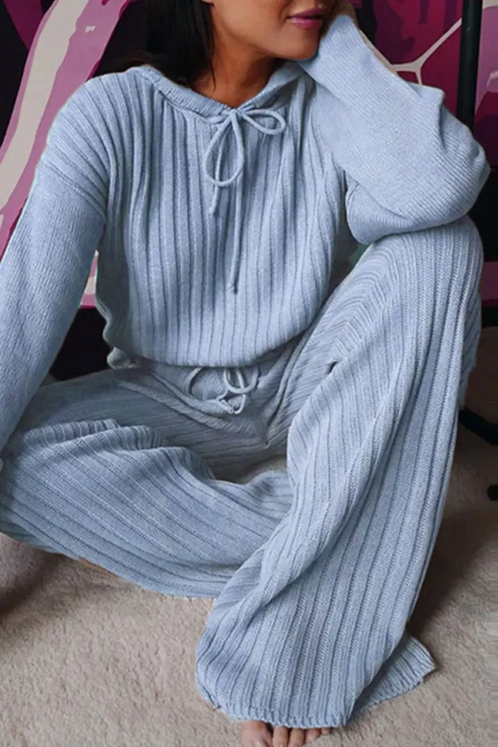 Ribbed Drawstring Hoodie Long Pants Set