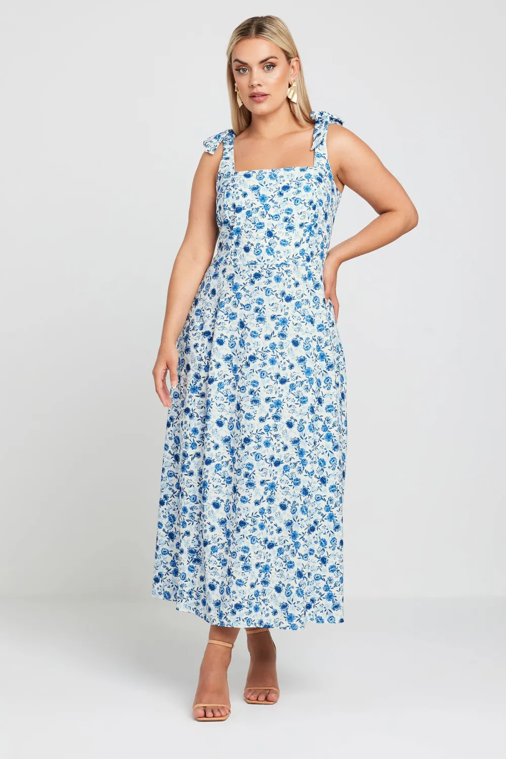 YOURS Curve Blue Floral Print Bow Strap Midaxi Dress