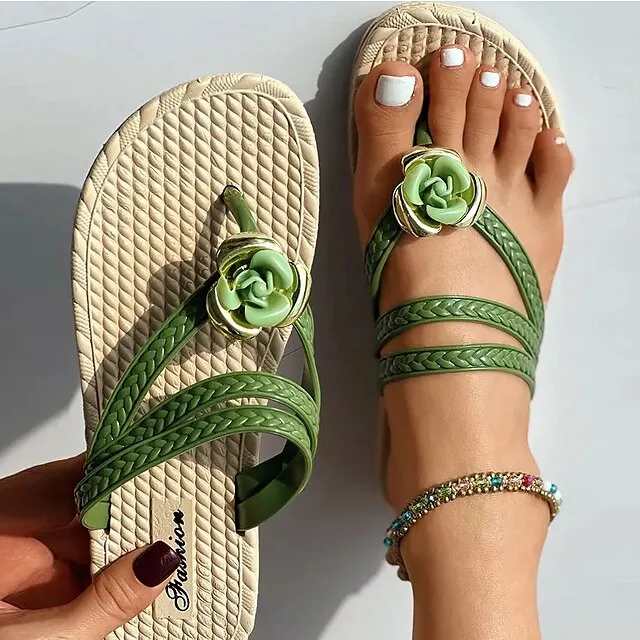 Women's Sandals Flip-Flops Flip-Flops House Slippers Beach Slippers Daily Beach Summer Flat Heel Casual Comfort Bohemia EVA Solid Color White / Gold Black / Beige Black