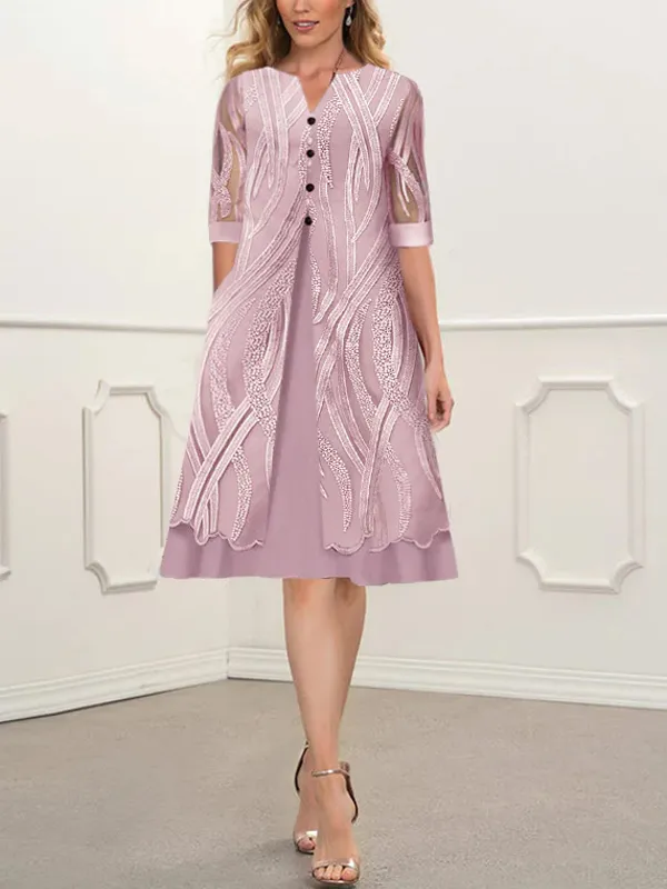 Printed V-Neck Pocket Short Sleeve Dress