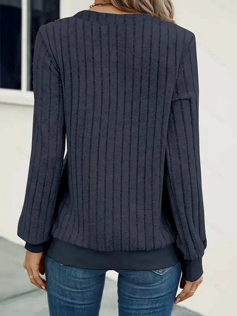Soft Ribbed Knit V-Neck Pullover Sweater Top - Casual Long Sleeve Winter Wardrobe Essential - Cozy Comfort for Fall & Winter - Womens Fashion