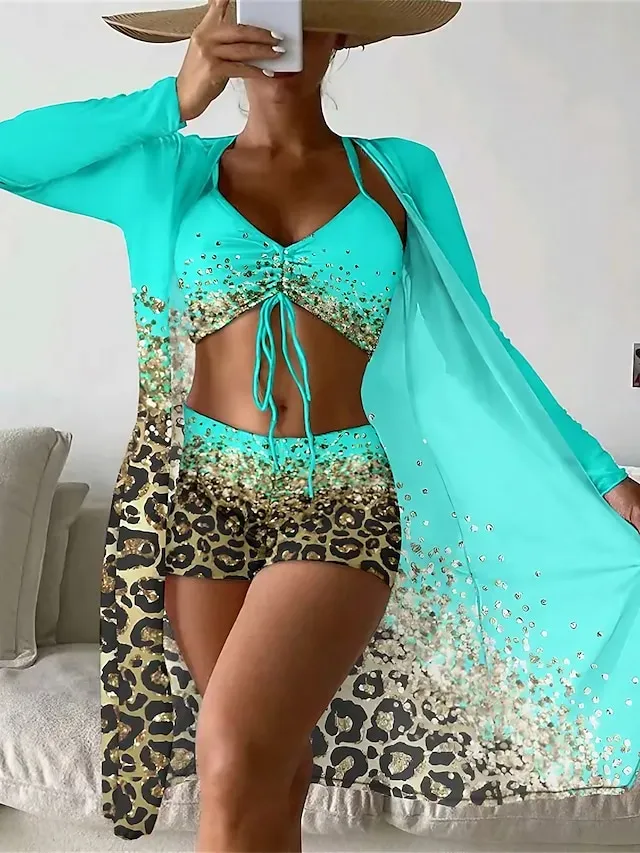 Women's Swimwear Bikini Cover Up Normal Swimsuit 3-Piece Printing Leopard Pink Blue Bathing Suits Sports Beach Wear Summer