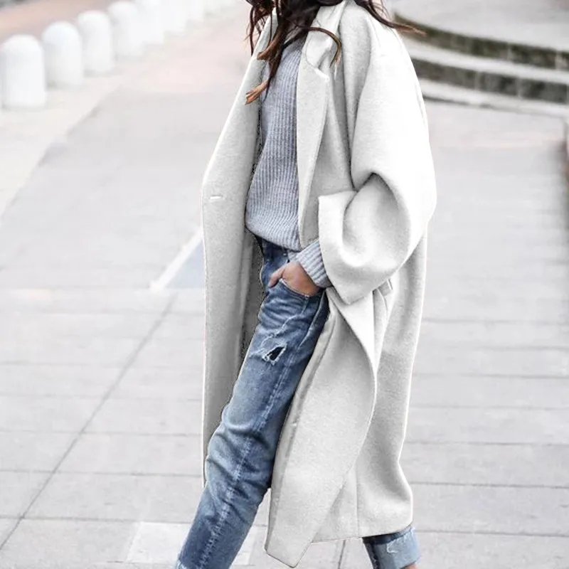 Elegant Long Sleeve Notch Collar Button Detail Oversize Maxi Wool Coat