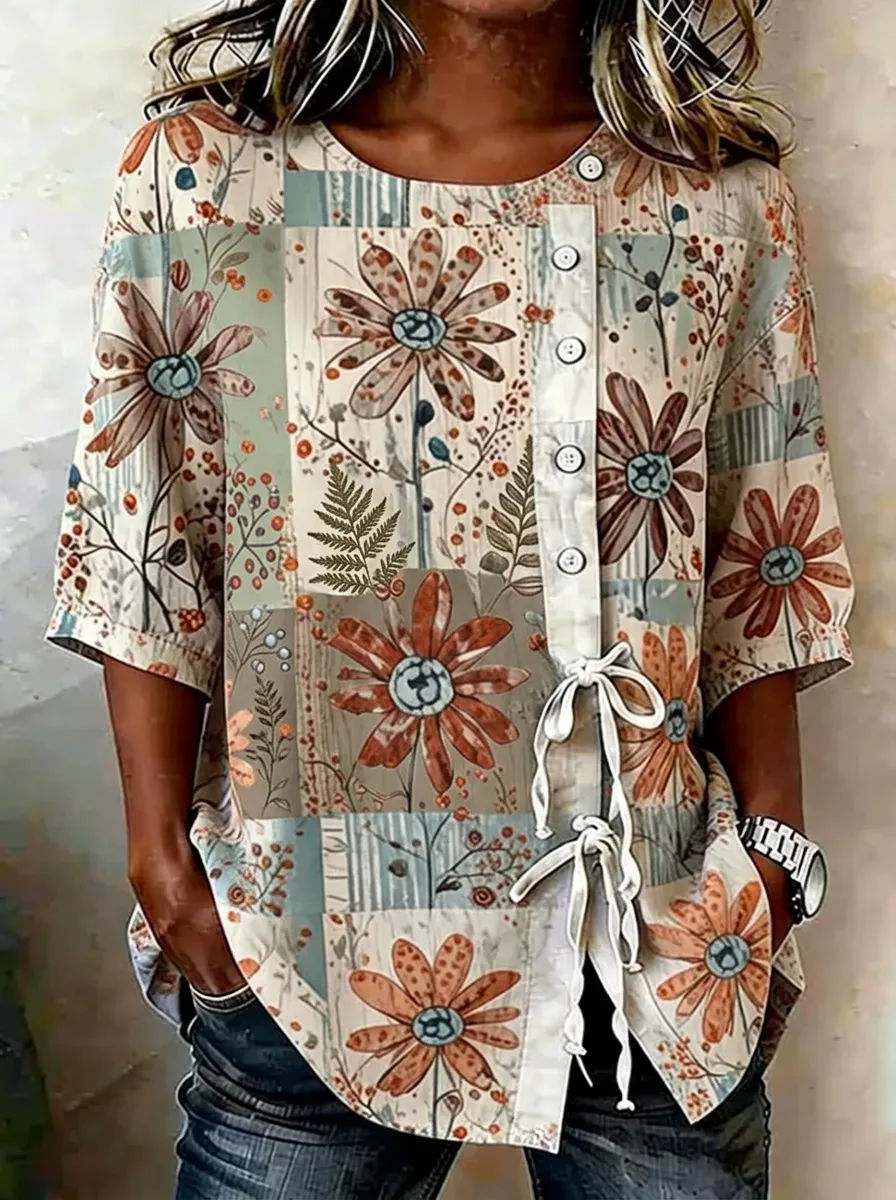 Women's Nashville Floral Patchwork Printed Button-Up Top