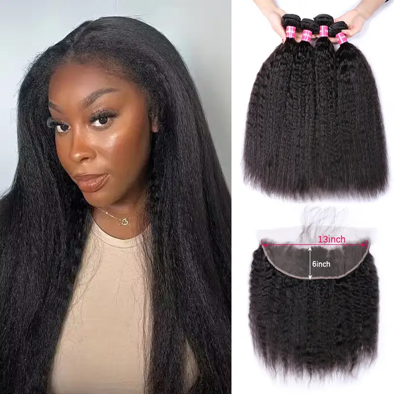 Sterly Kinky Straight Human Hair Bundles With 13x6 Lace Frontal