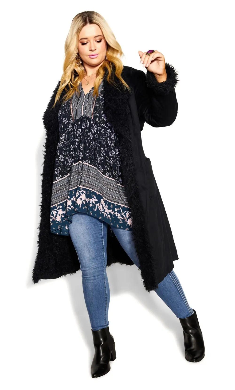 Evans Black Faux Fur Trim Tie Waist Coat