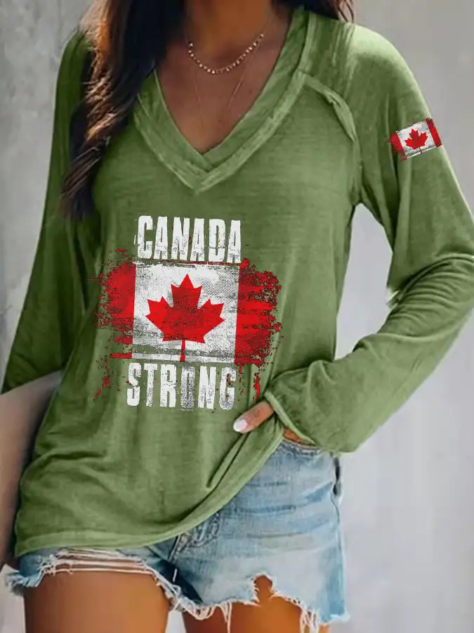 Women's Canada Strong Maple Leaf Flag Print V-Neck T-Shirt