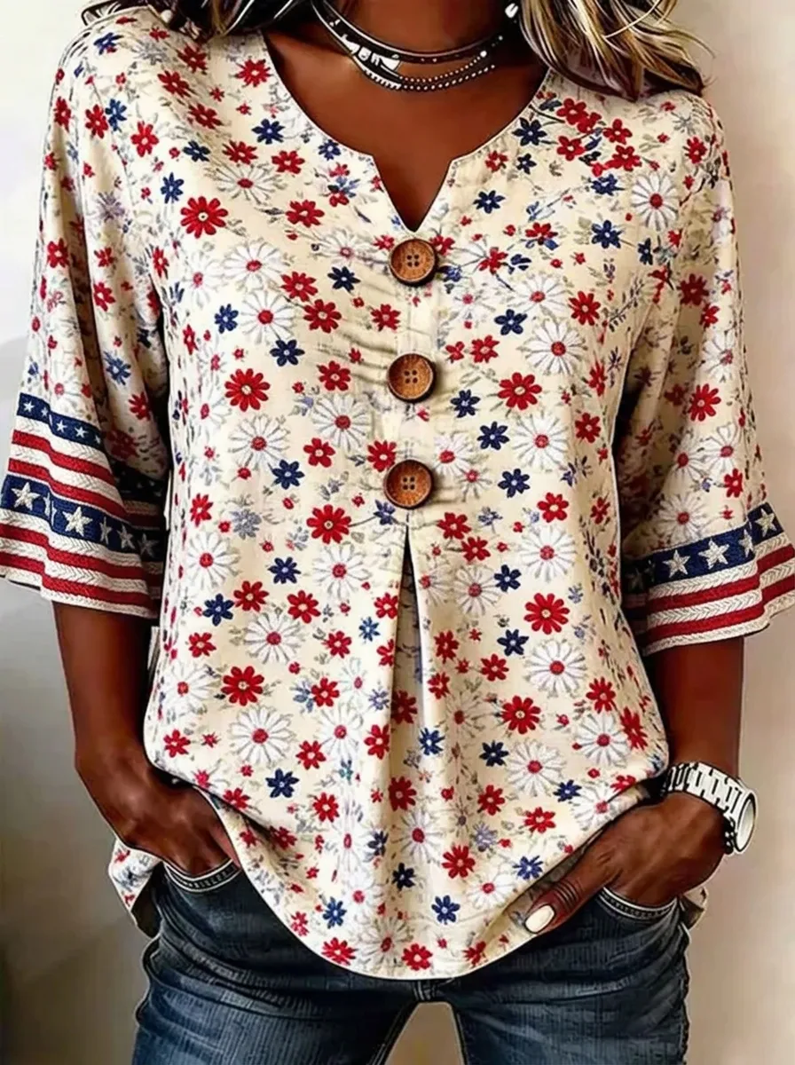 Women's Nashville Patriotic Daisy Floral Printed Button V-Neck Top