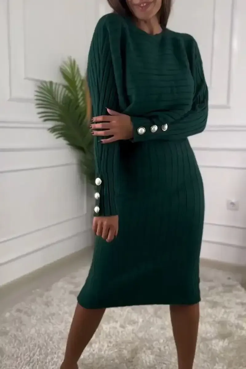 Women's Round Neck Long Sleeve Knitted Sweater Casual Suit Dress