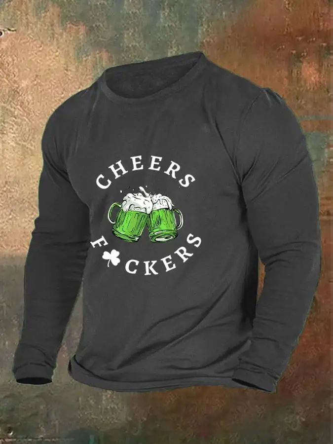 Men's Funny St. Patrick's Day Cheers Green Beer Shamrock Casual Long Sleeve T-Shirt