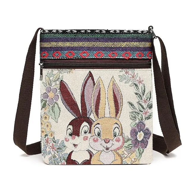 Women's Crossbody Bag Shoulder Bag Hobo Bag Polyester Daily Holiday Zipper Large Capacity Lightweight Durable Geometric Cat Folk [Small Size]Couple Cat [Trumpet] Yellow Elephant [Trumpet] Blue