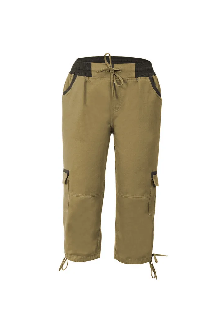 Drawstring Waist Flap Pocket Design Capris Pants