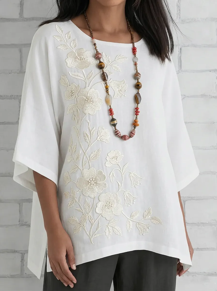Women's Nashville Floral Embroidered White Cotton Top