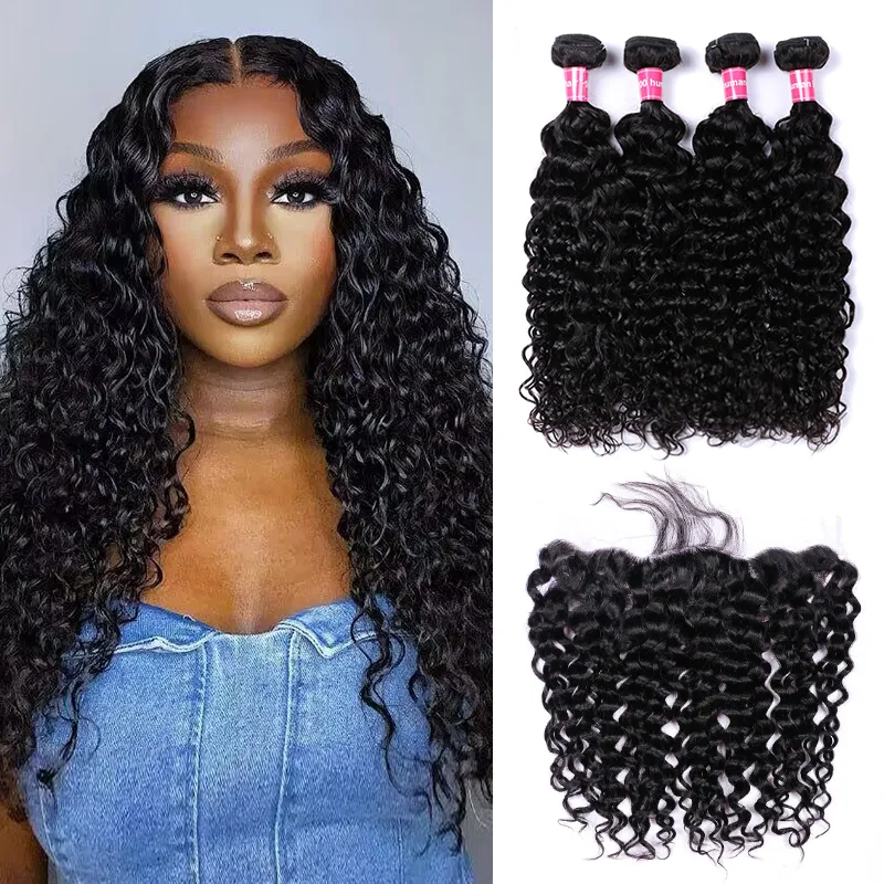 Sterly Hair Water Wave 3 Bundles Virgin Human Hair With 13×4 Ear to Ear Lace Frontal