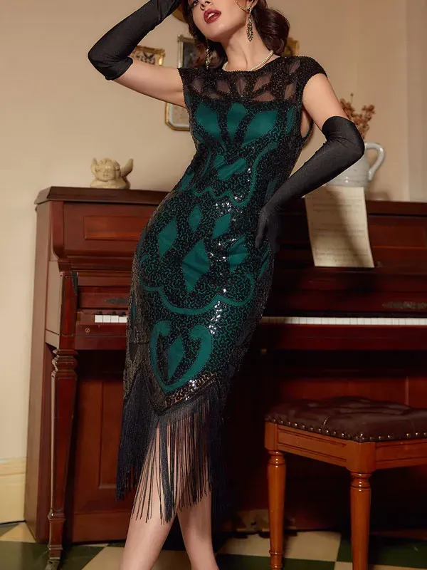 Black&Green Sequins 1920s Dress with Tassel
