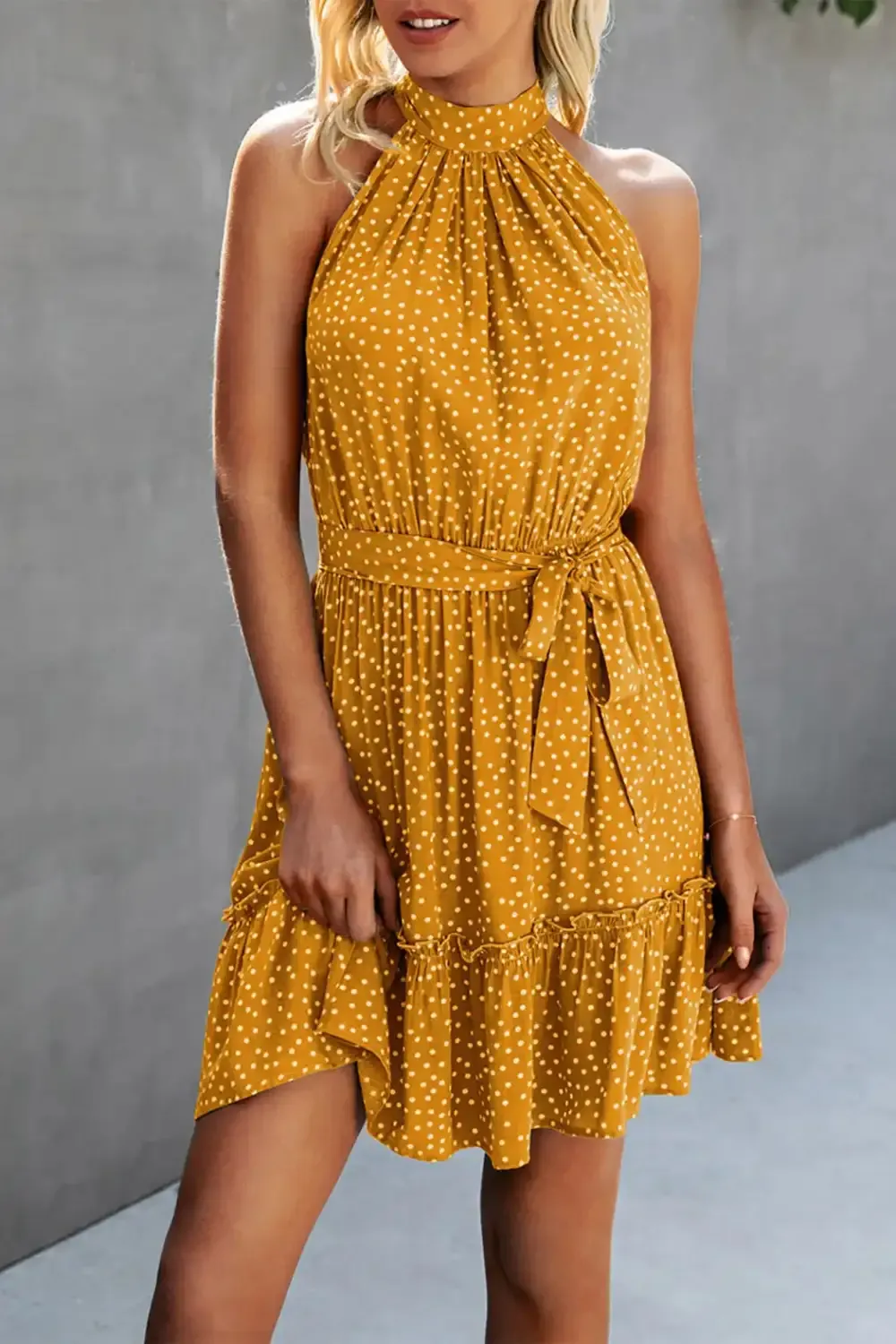 Halter Neck Summer Loose Sleeveless  Ruffle Belt Boho Floral Dress