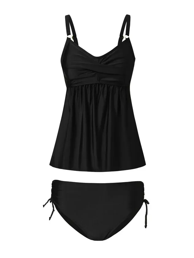 Simple Plain Printing Scoop Neck Tankinis Two-Piece Set