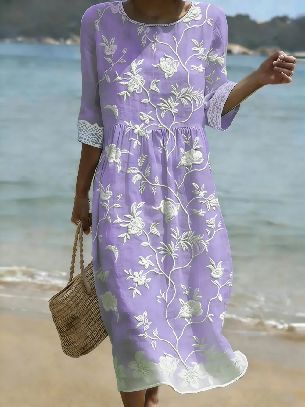 Women's Casual Solid Color Round Neck Mid-Sleeve Floral Print Cotton Linen Dress