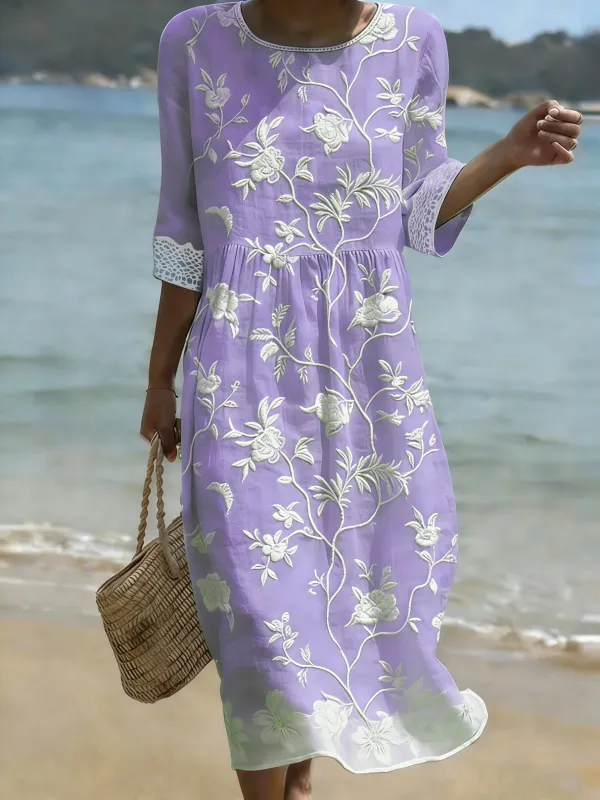 Women's Casual Solid Color Round Neck Mid-Sleeve Floral Print Cotton Linen Dress
