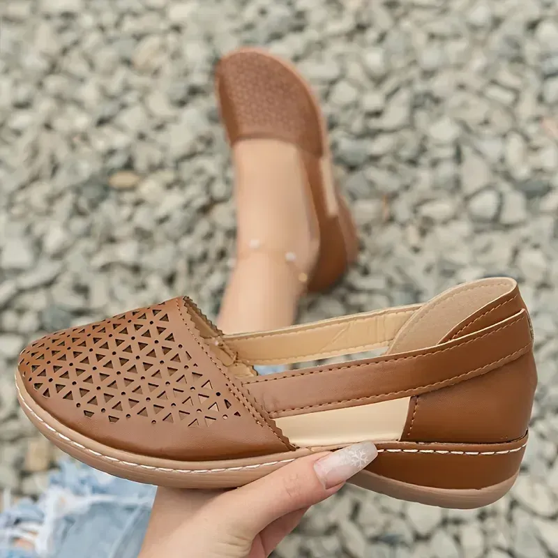 Women's Hollow Out Flat Sandals, Solid Color Cut-out Closed Toe Slip On Shoes, Casual Faux Leather Shoes