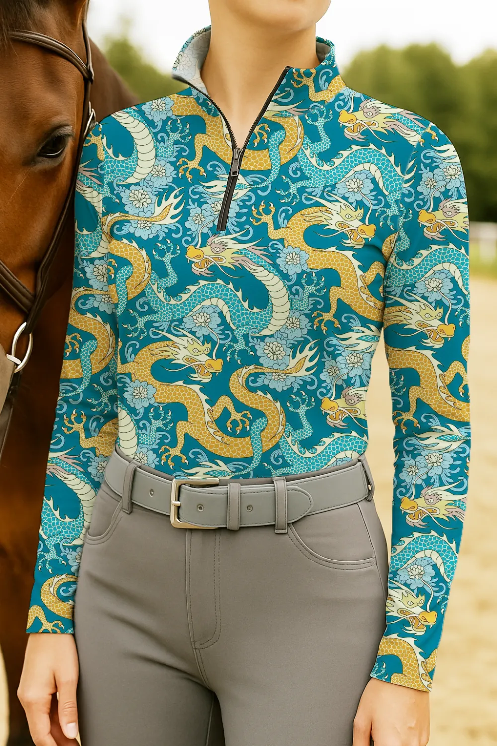 Women's Riding Style Equestrian Print Long Sleeve Casual Shirt