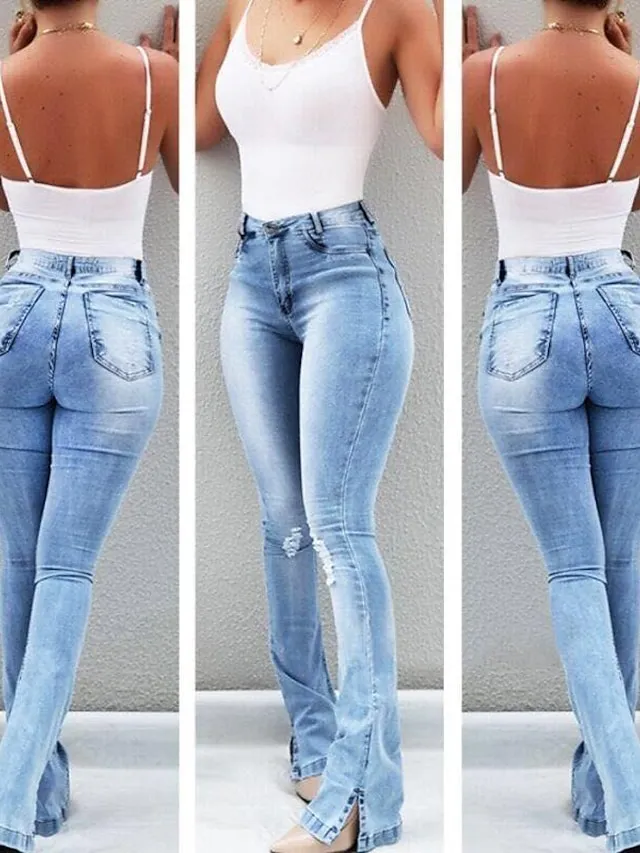 Women‘s Flare Jeans Pants Trousers Full Length Denim Split High Elasticity High Waist Fashion Casual Office Vacation Light Blue bule S M Autumn / Fall