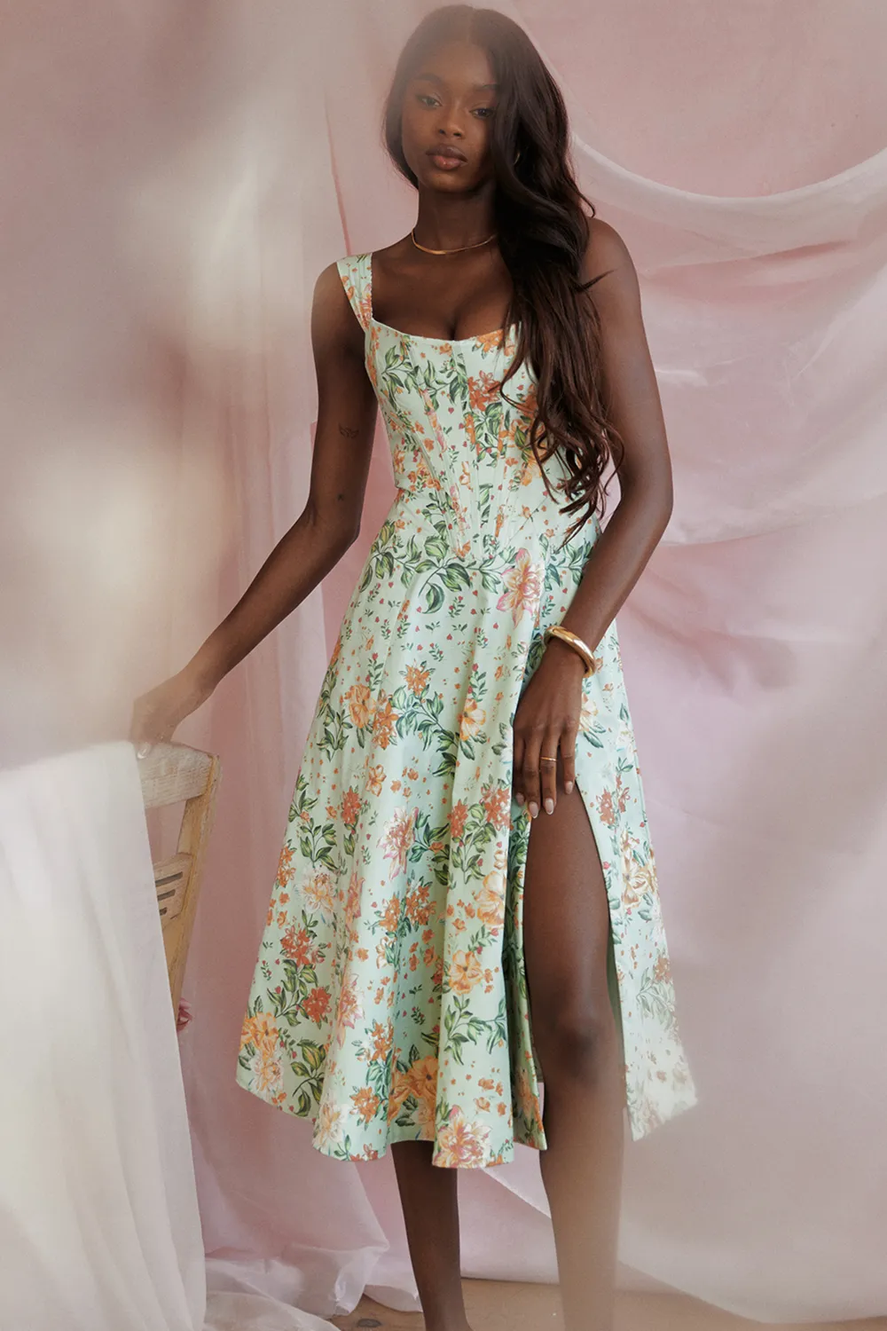 FLORAL LACE-UP CORSET A-LINE SUN DRESS