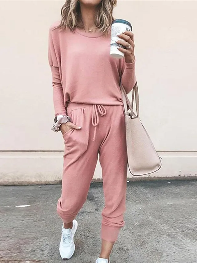 Women's Lounge Sets Crew Neck Long Sleeve Shirt and Elastic Waist Pants with Pockets Pure Color Fashion Casual Soft Home Daily Bed Polyester Breathable Summer Autumn Black Pink