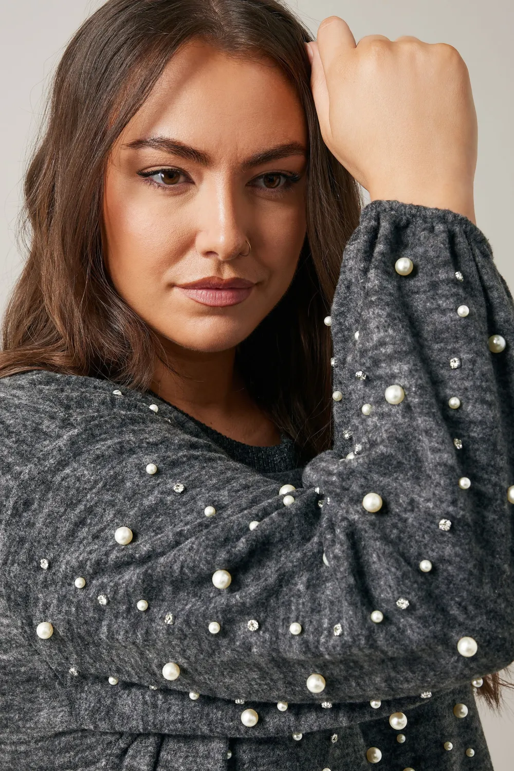 EVANS Curve Grey Pearl Embellished Jumper Dress