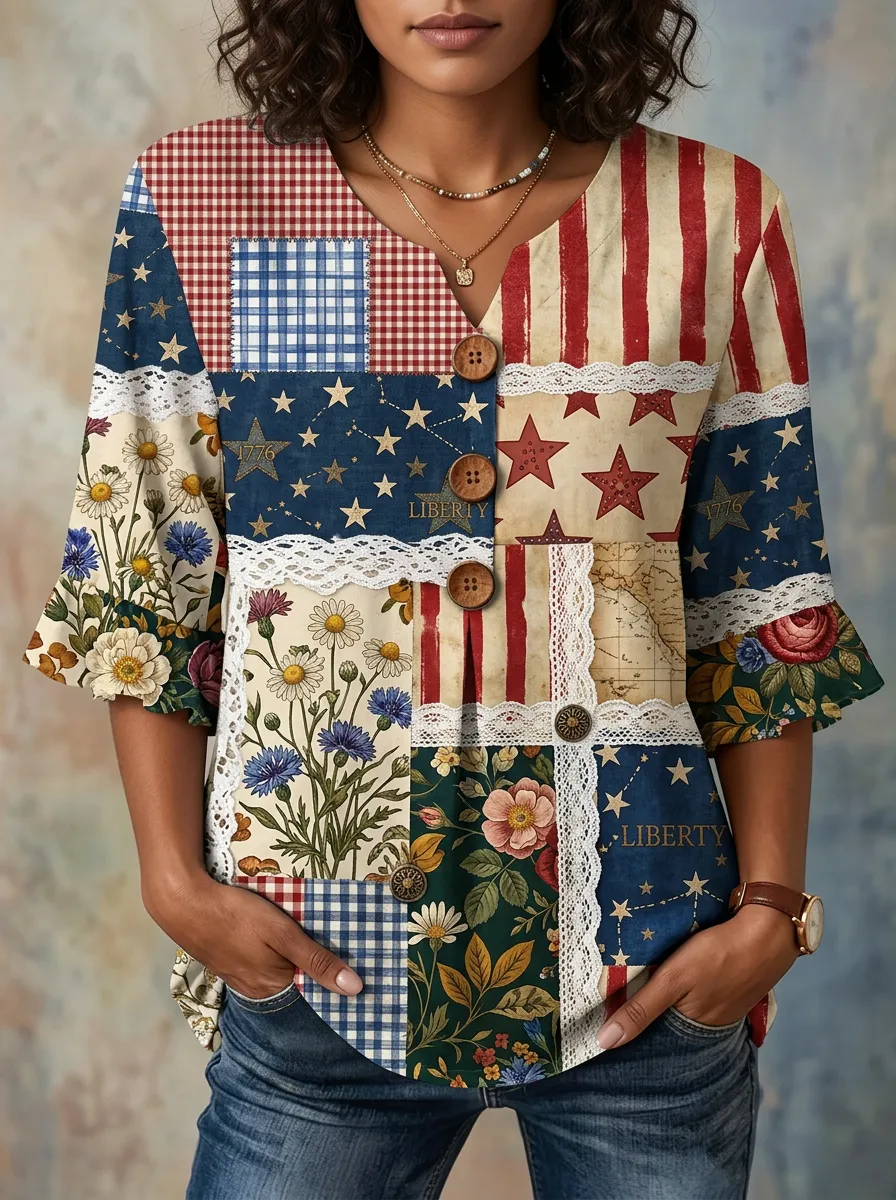 Women's Nashville Patriotic Floral Patchwork Printed V-Neck Top