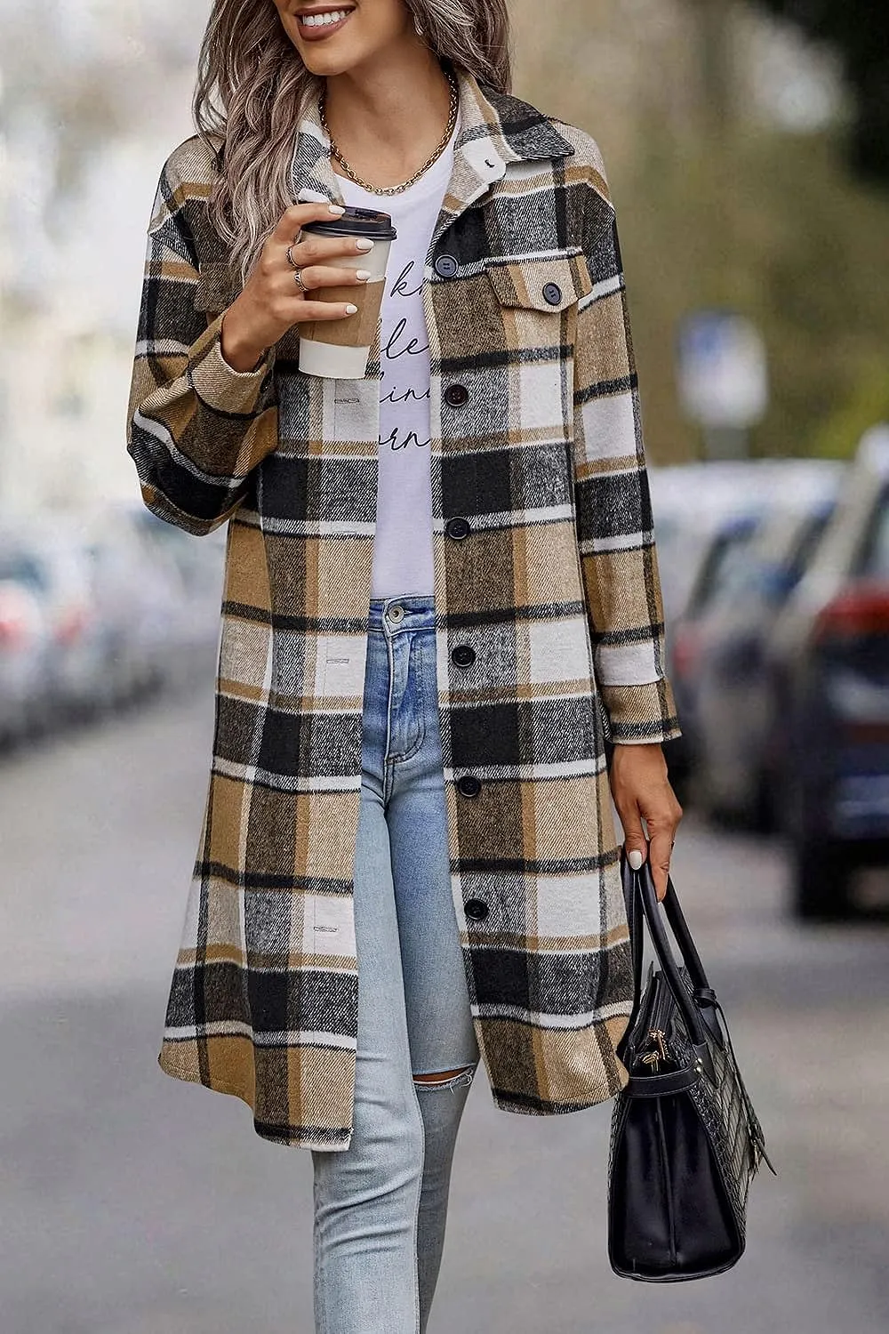 Women's Plaid Shacket 2023 Long Sleeve Button Up Flannel Shirt Winter Tartan Jacket Woolen Coats