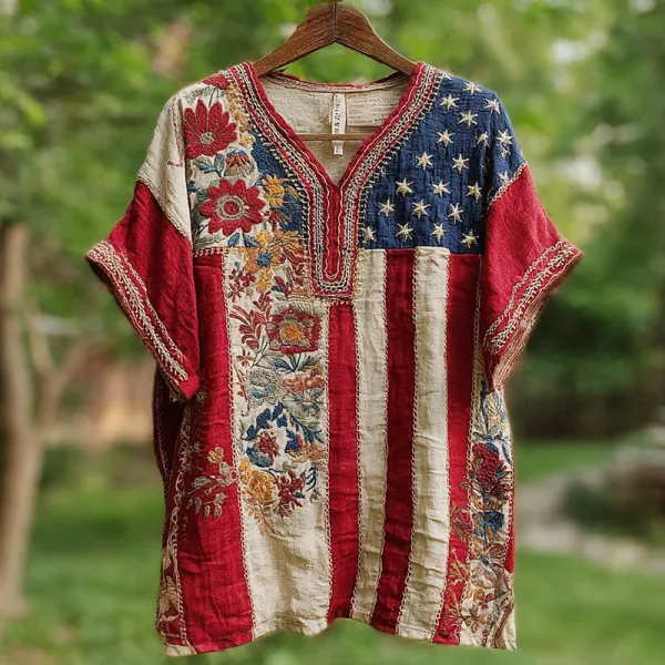 Women's Vintage Flag Floral Embroidery V-neck T-shirt