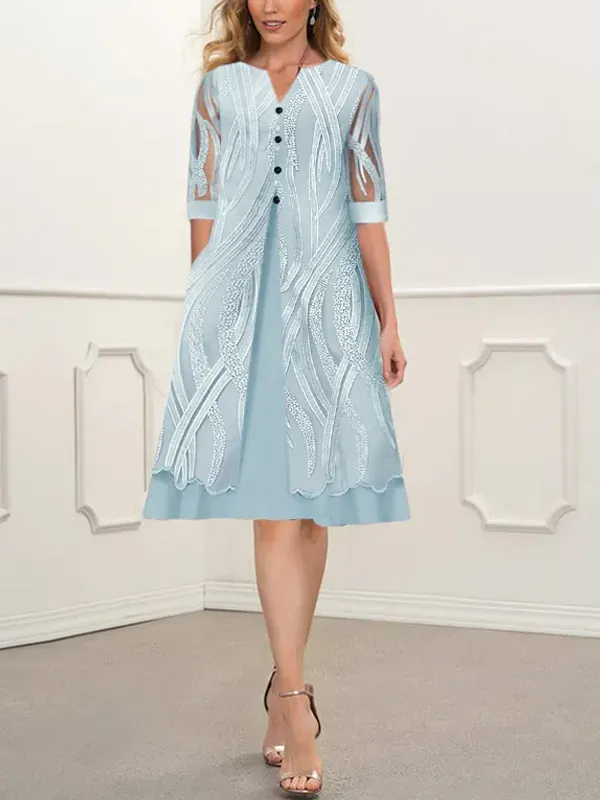 Printed V-Neck Pocket Short Sleeve Dress