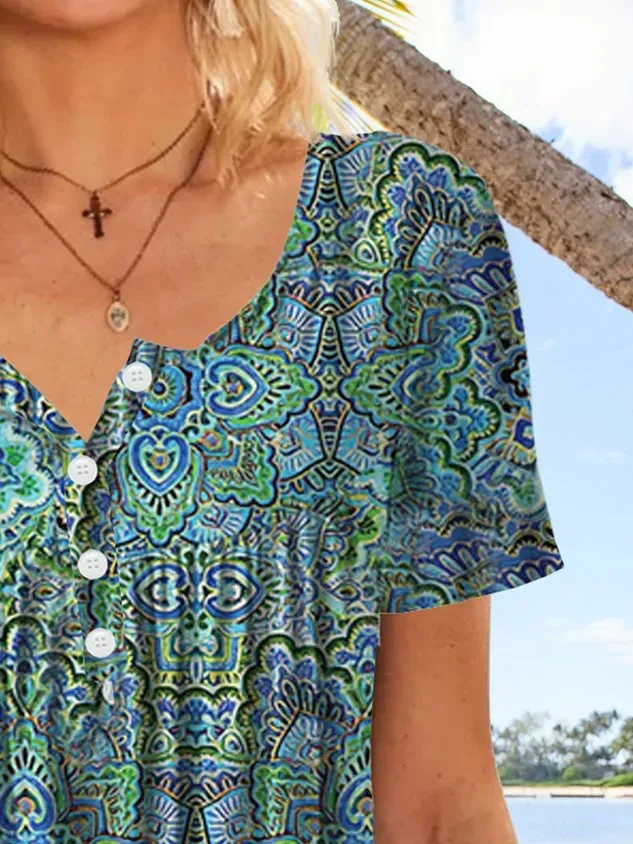 Tribal feelings folk patterns Mandala nail button half cardigan T-shirt tunic