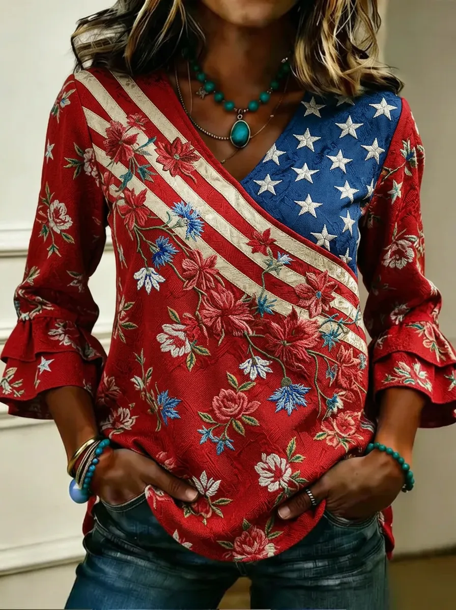 Women's Nashville Patriotic Floral Star Striped Printed V-neck Top