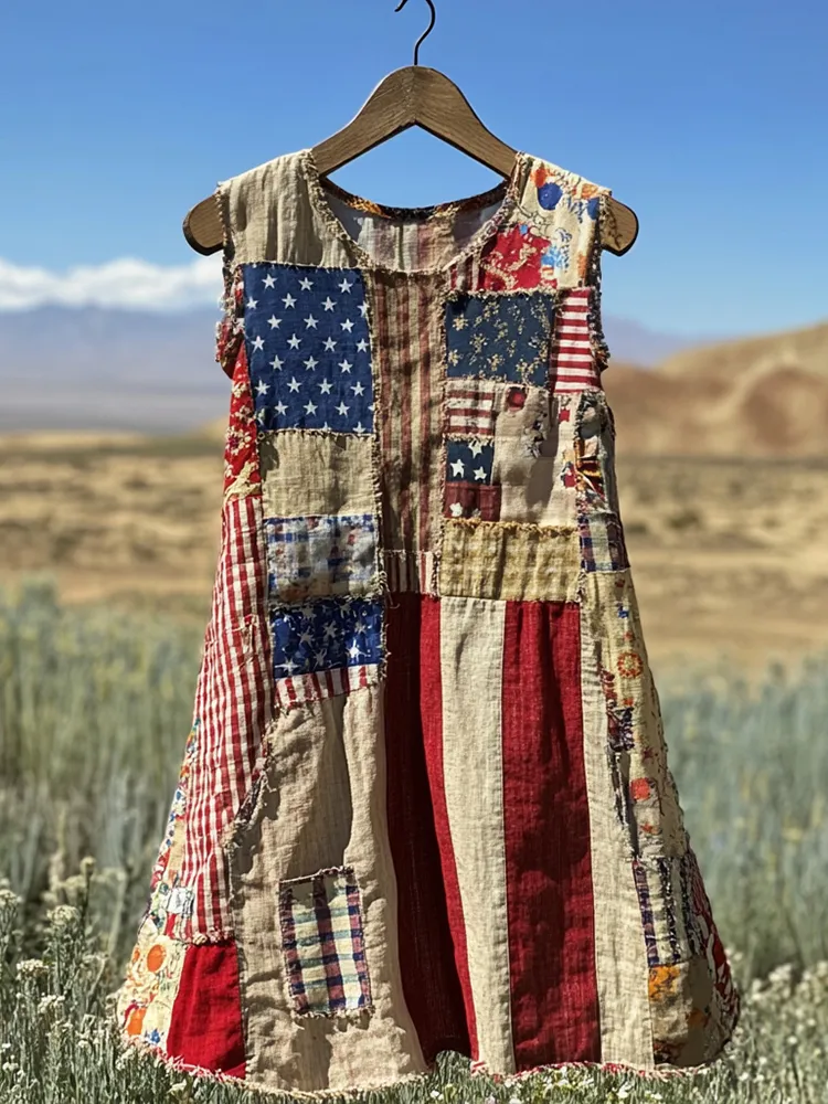 Women's Retro Independence Day Flag Check Design Short Dress