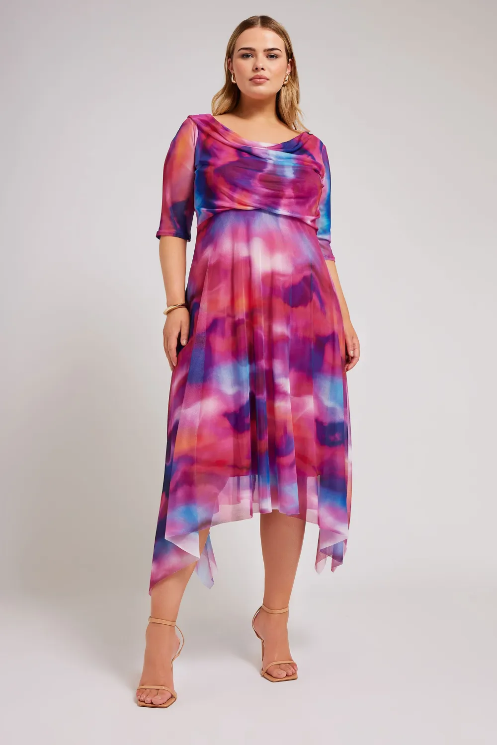 YOURS LONDON Curve Pink Cowl Neck Mesh Midi Dress