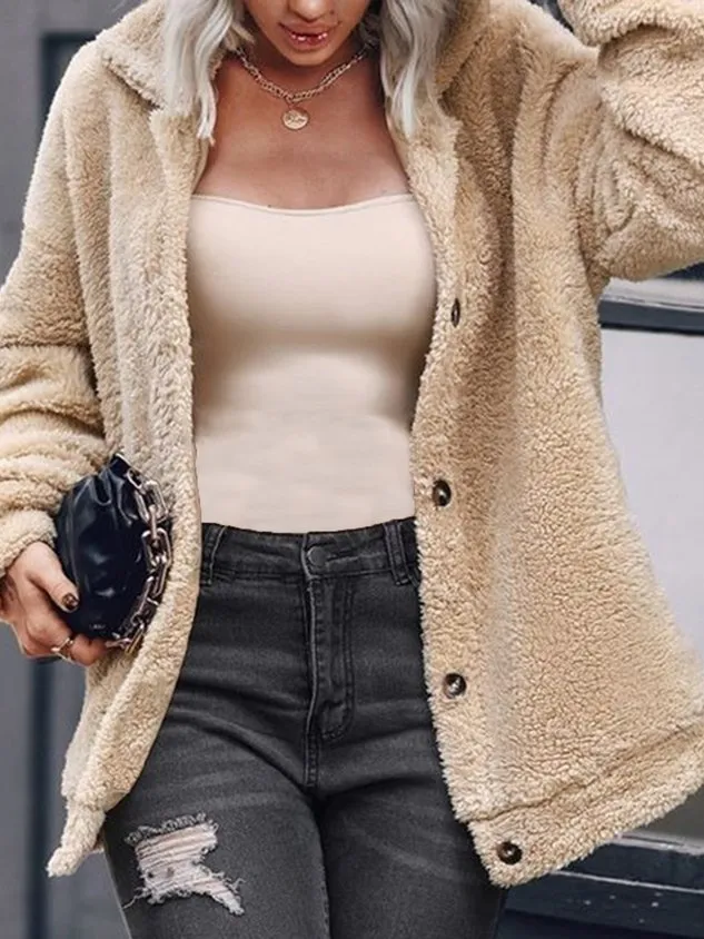 Casual Fluff/Granular Fleece Fabric Shawl Collar Teddy Jacket